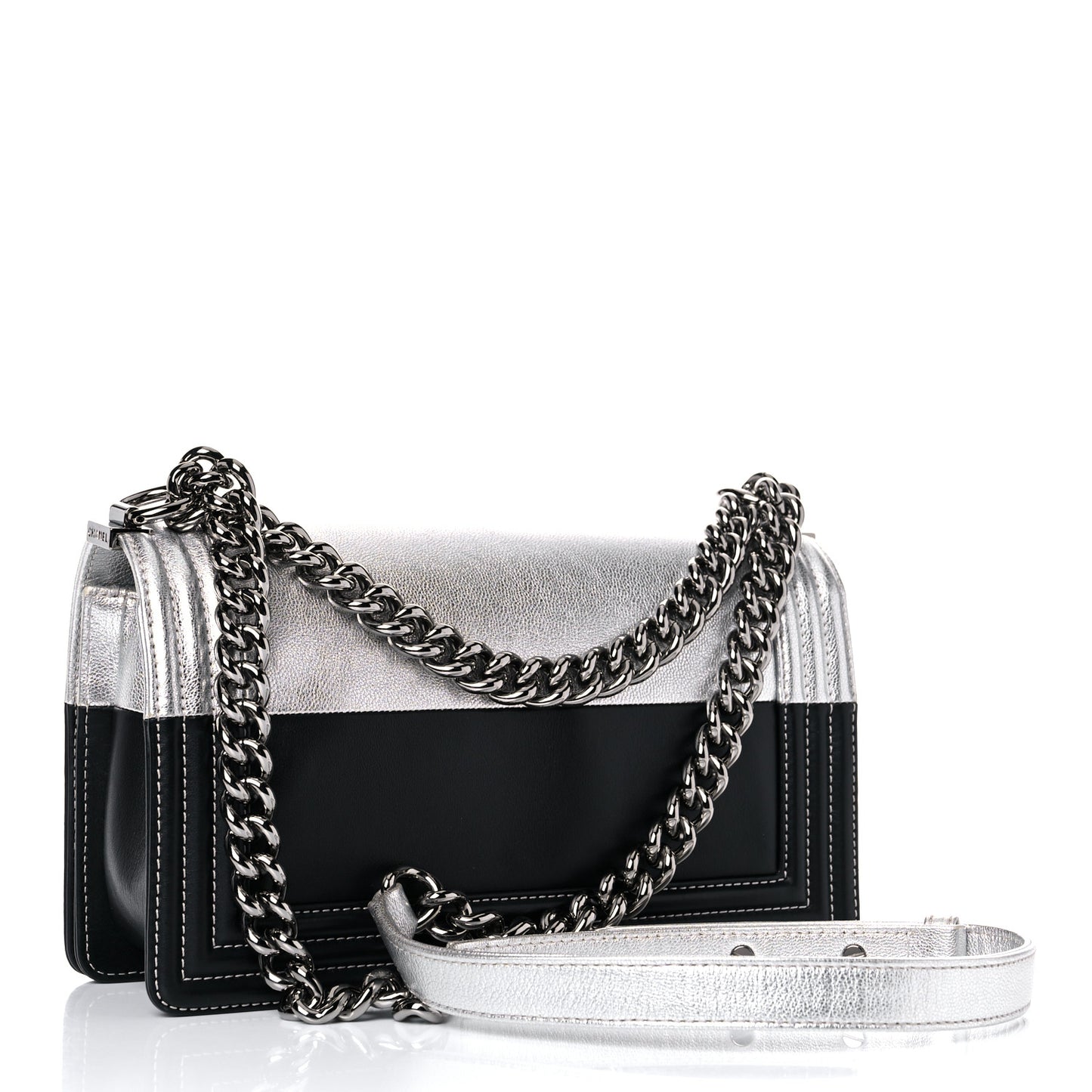 Metallic Goatskin Calfskin Medium Boy Flap Silver Black
