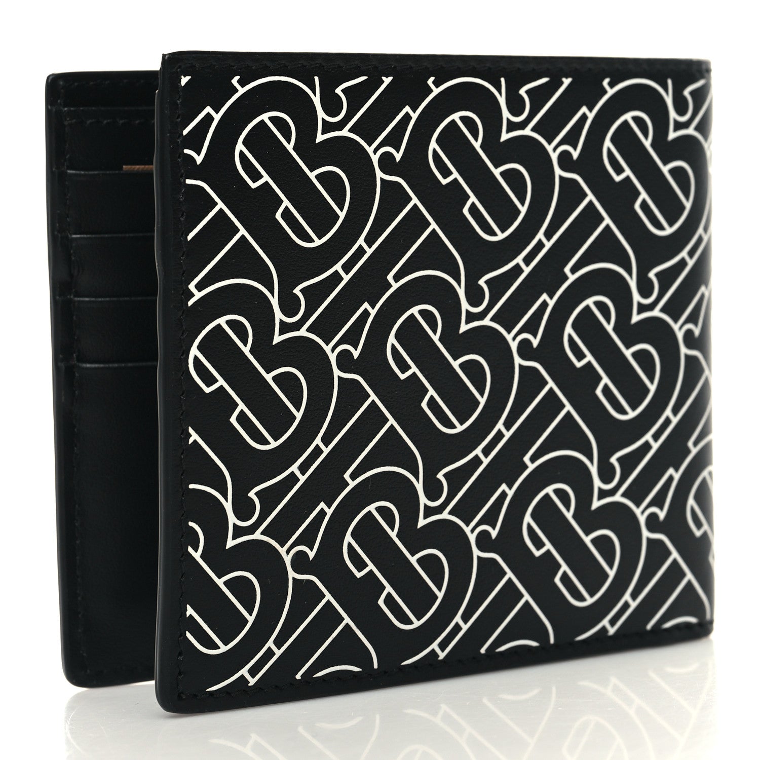Burberry Calfskin Embossed TB Print Bi-Fold Wallet Black White 3 of 7