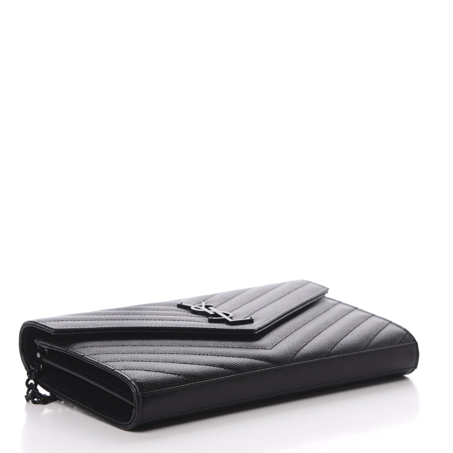 Saint Laurent Grain De Poudre Matelasse Chevron Monogram Chain Wallet Black 3 of 10