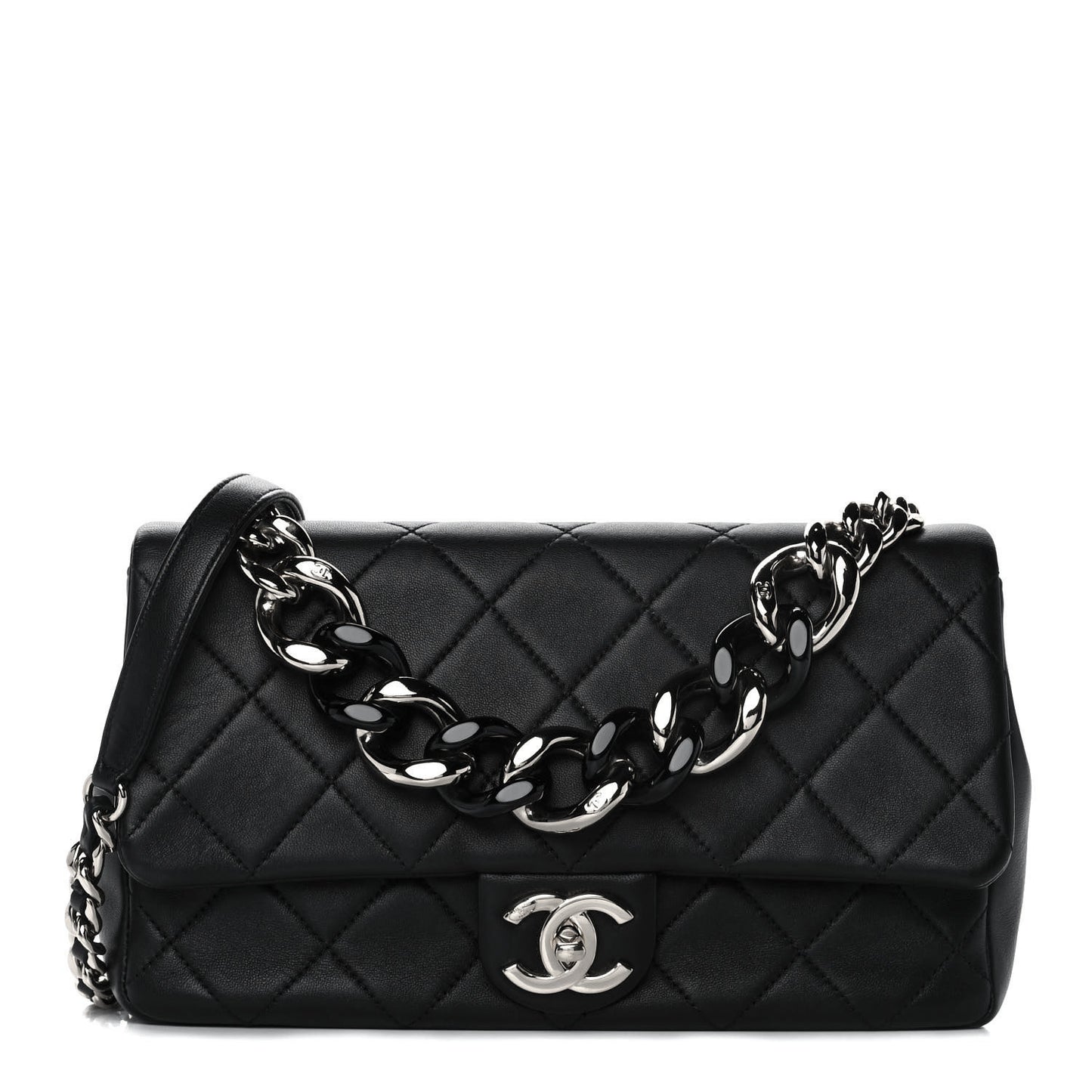 Lambskin Quilted Resin Bi-Color Chain Flap Bag Black