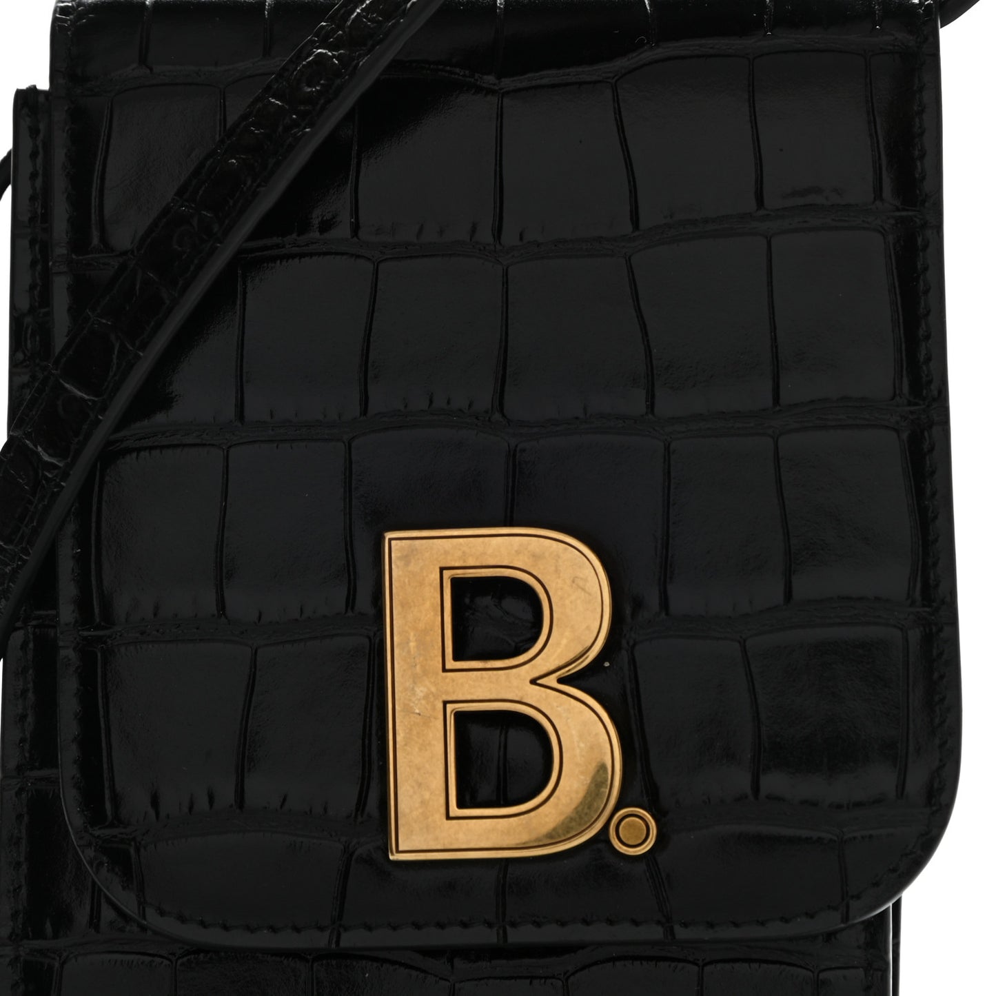 Shiny Calfskin Crocodile Embossed B Phone Holder Black