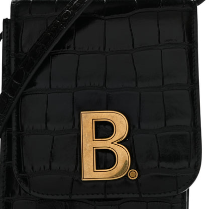 Balenciaga Shiny Calfskin Crocodile Embossed B Phone Holder Black 6 of 8