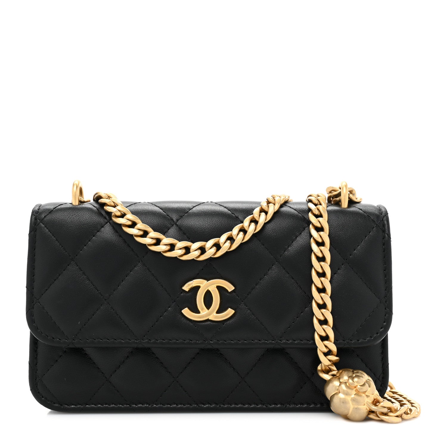 Chanel Lambskin Quilted Sweet Camellia Flap Phone Holder With Chain Black 1 of 13
