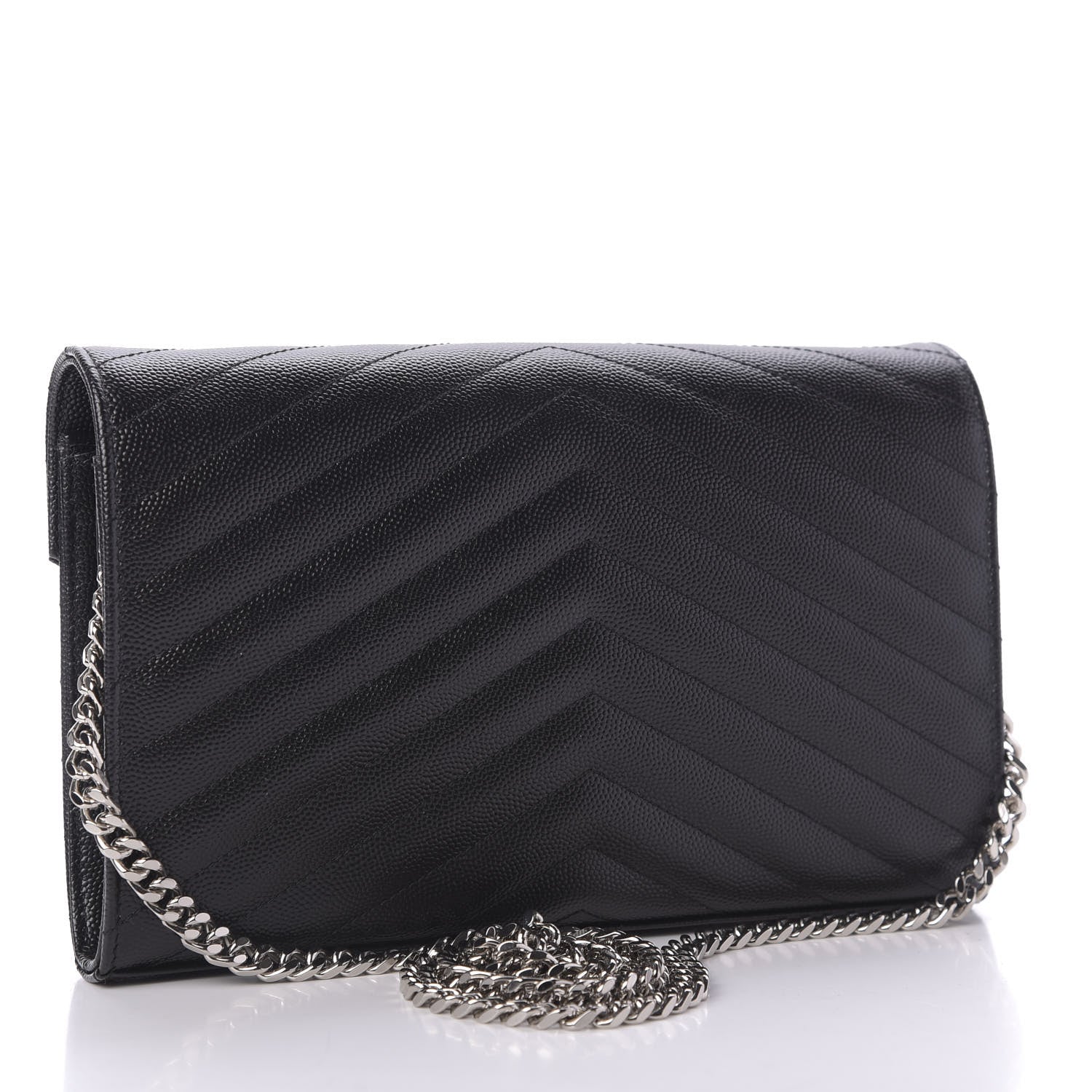 Saint Laurent Grain De Poudre Matelasse Chevron Monogram Chain Wallet Black 3 of 9
