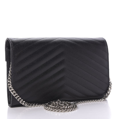 Saint Laurent Grain De Poudre Matelasse Chevron Monogram Chain Wallet Black 3 of 9