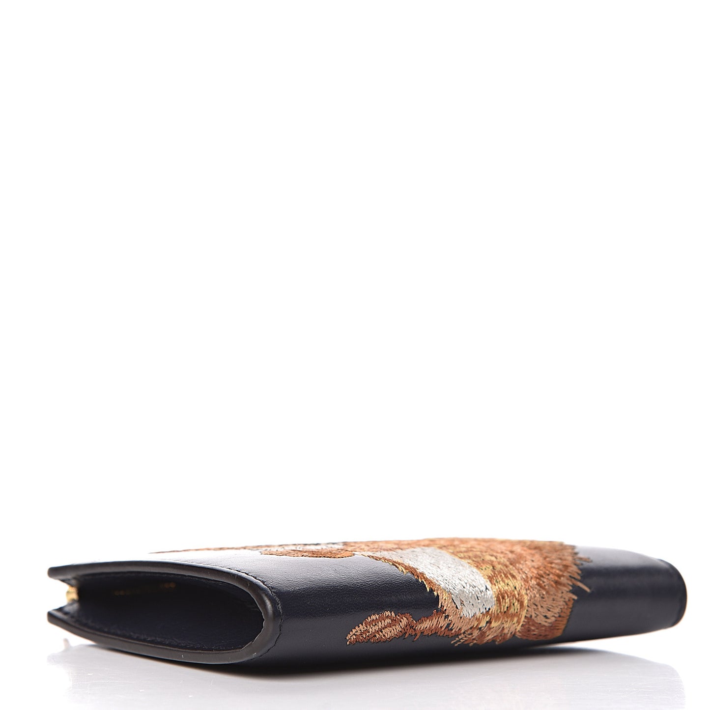 Smooth Calfskin Squirrel Embroidered Part Zip Coin Pouch Navy