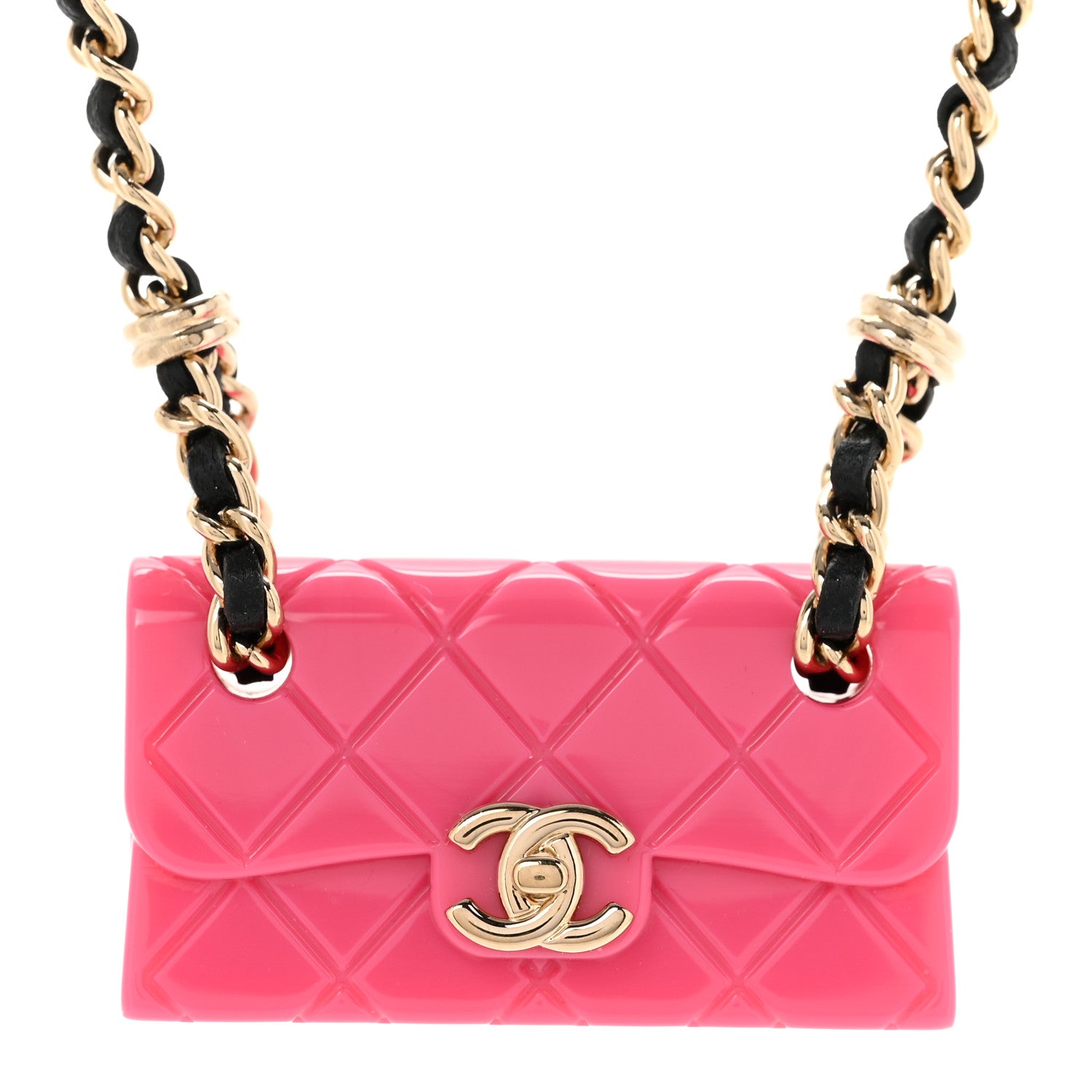 Chanel Metal Resin Lambskin Flap Bag Long Necklace Golden Pink Black 4 of 7