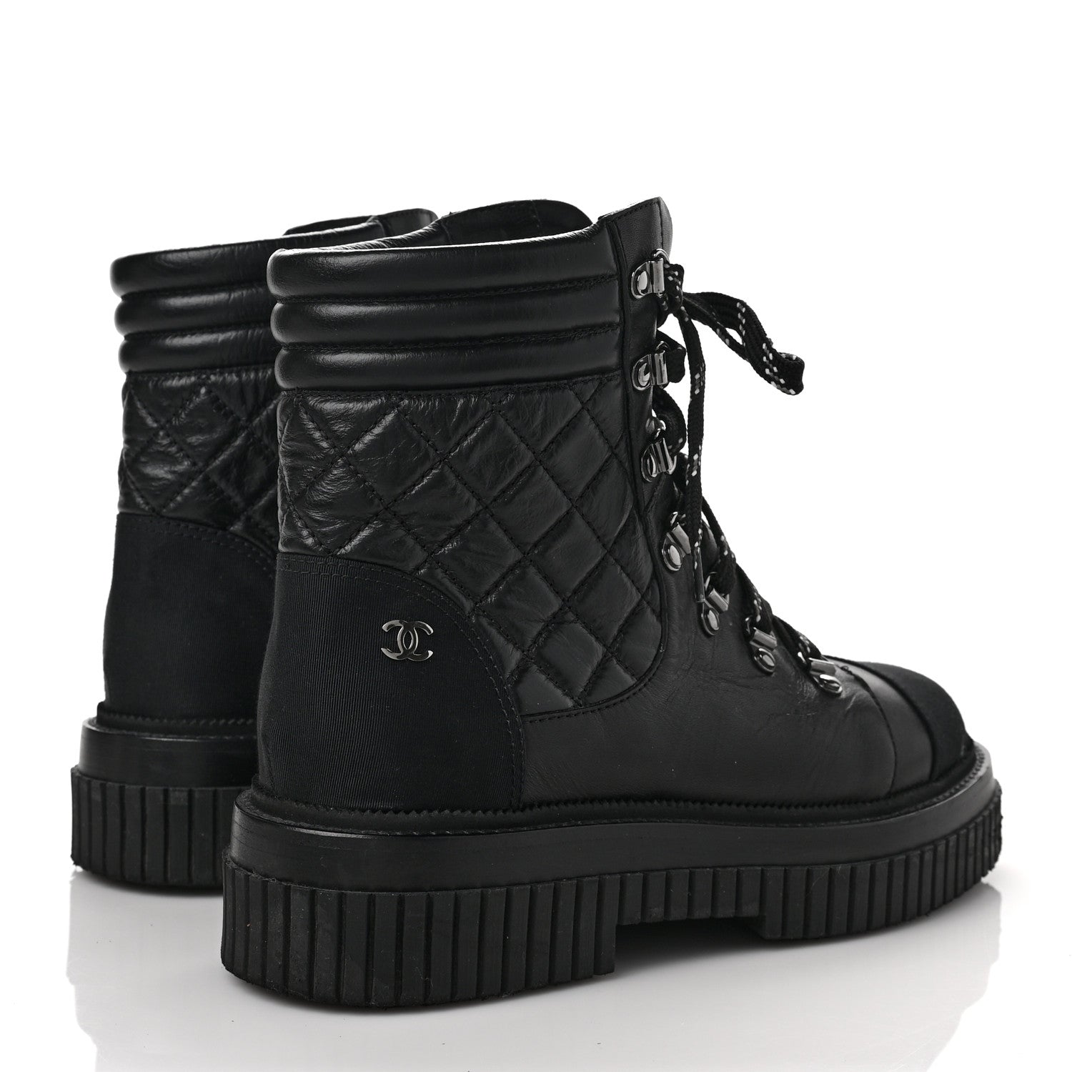 Chanel Calfskin Grosgrain Quilted Lace Up Boots 39.5 Black Grey 4 of 10