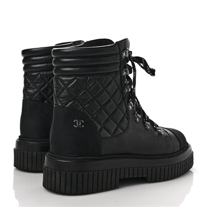 Chanel Calfskin Grosgrain Quilted Lace Up Boots 39.5 Black Grey 4 of 10