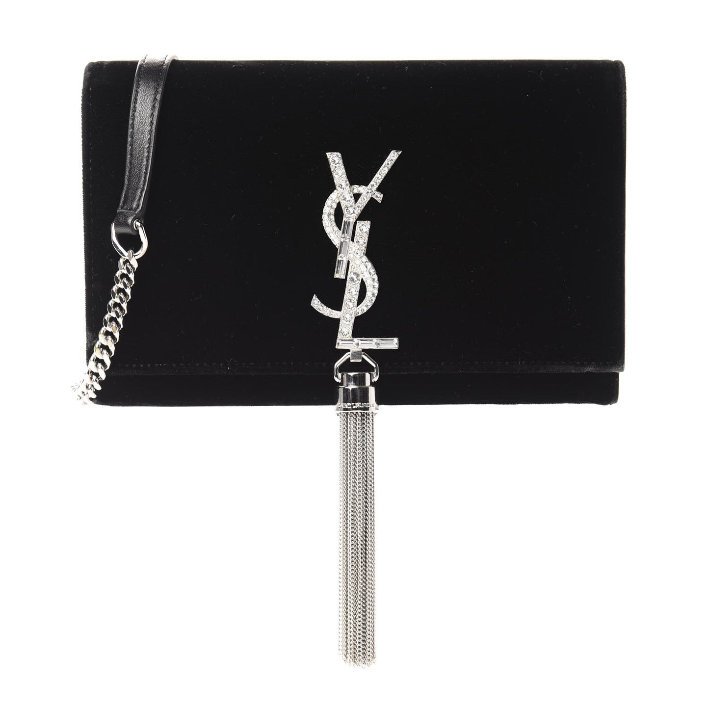 Velvet Crystal Monogram Tassel Chain Wallet Black
