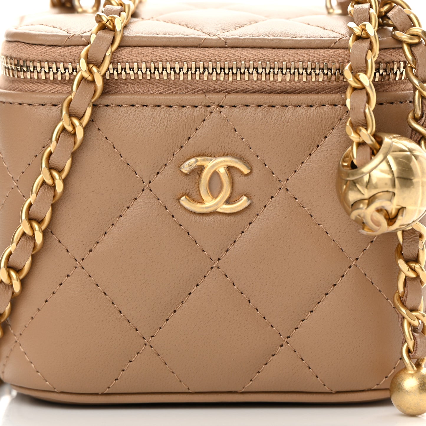 Lambskin Quilted Pearl Crush Mini Vanity Case With Chain Beige