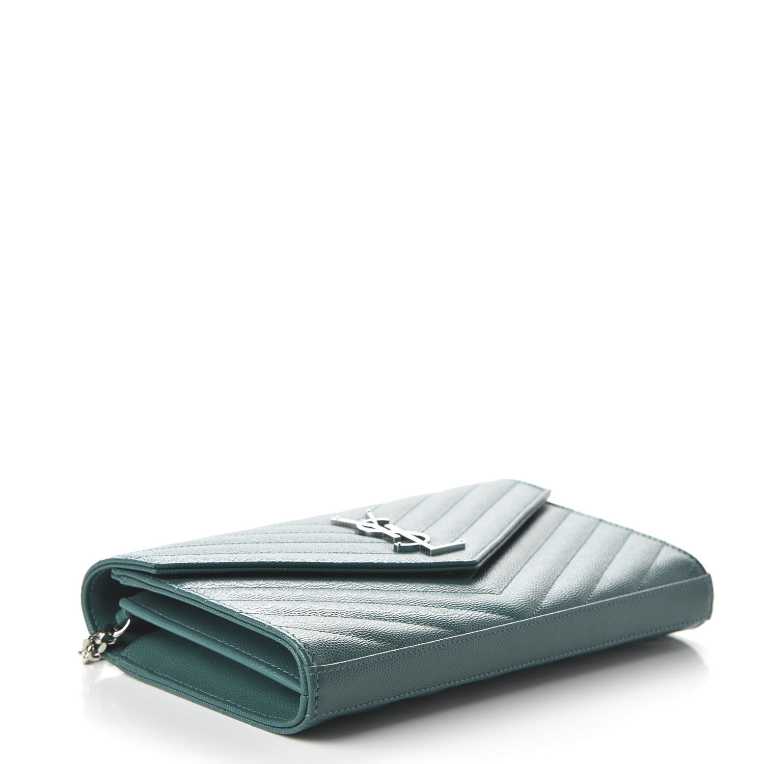Saint Laurent Grain De Poudre Matelasse Chevron Monogram Chain Wallet Malachite 4 of 10