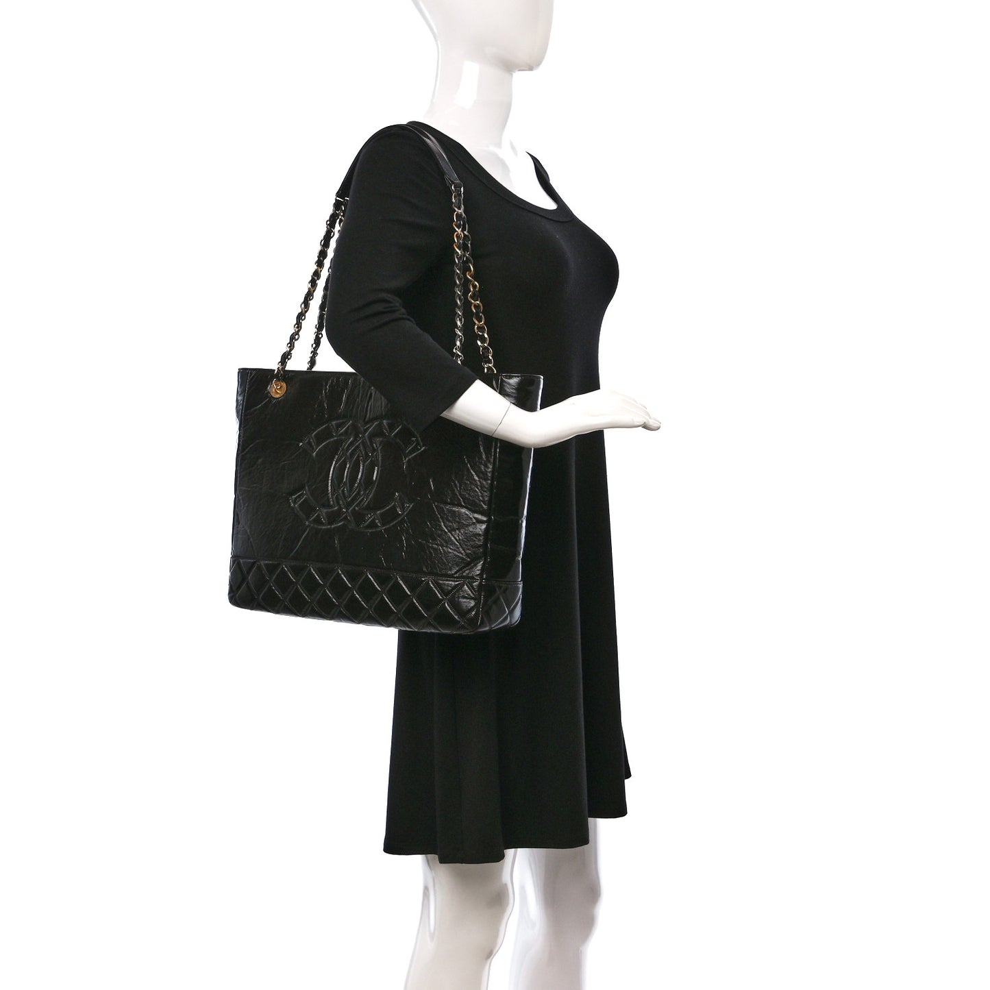 Shiny Aged Calfskin Quilted Large Shopping Bag Black