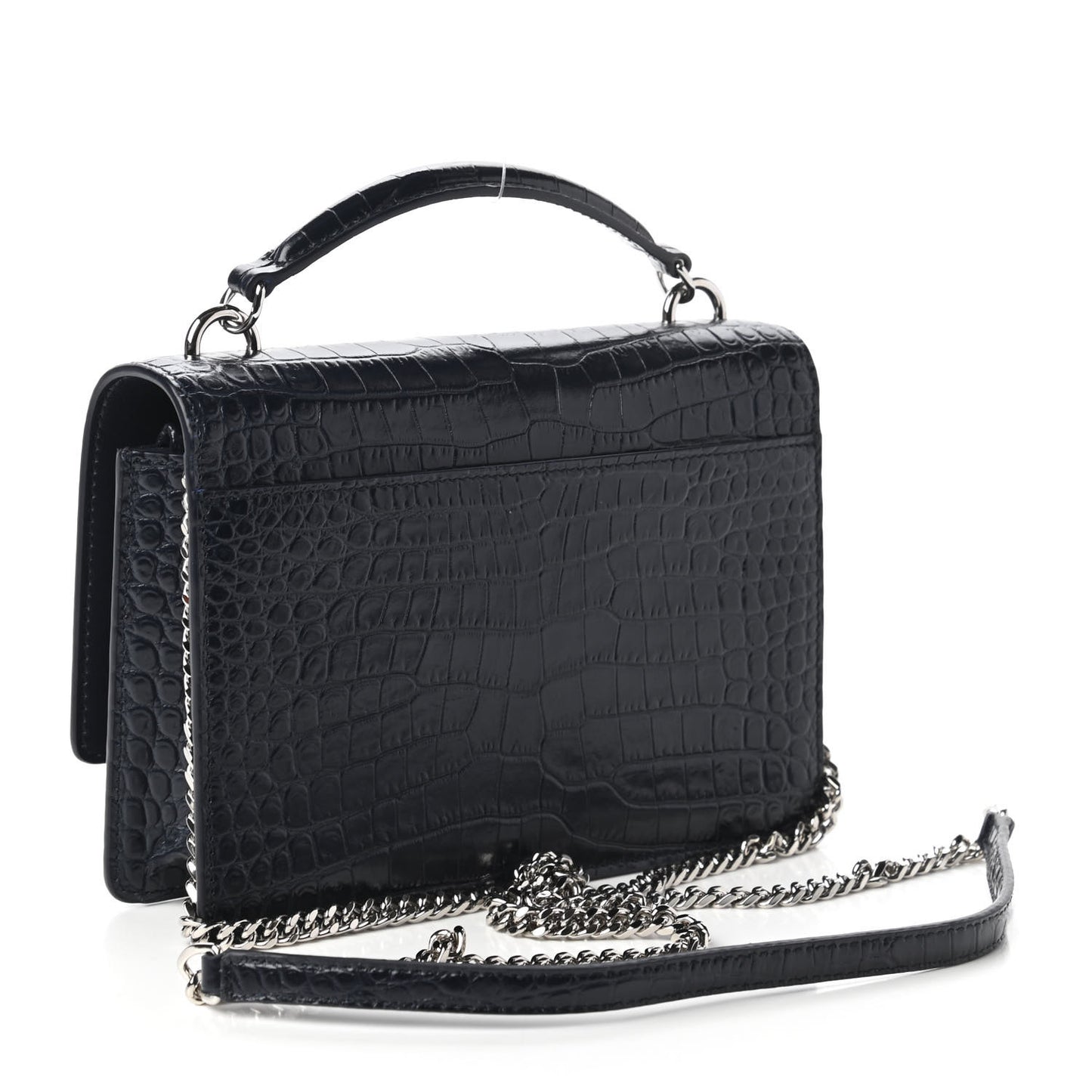 Calfskin Crocodile Embossed Monogram Sunset Chain Wallet Navy