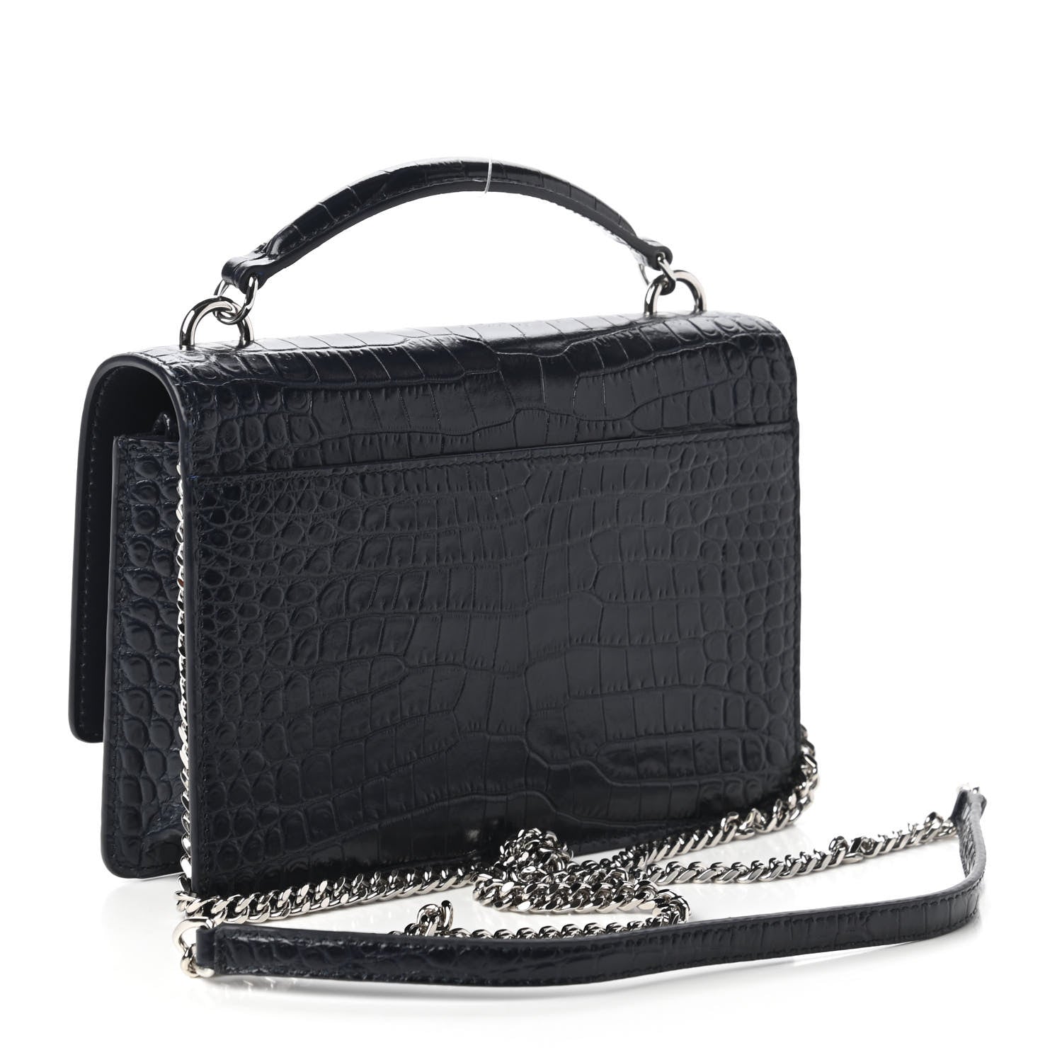 Saint Laurent Calfskin Crocodile Embossed Monogram Sunset Chain Wallet Navy 3 of 10