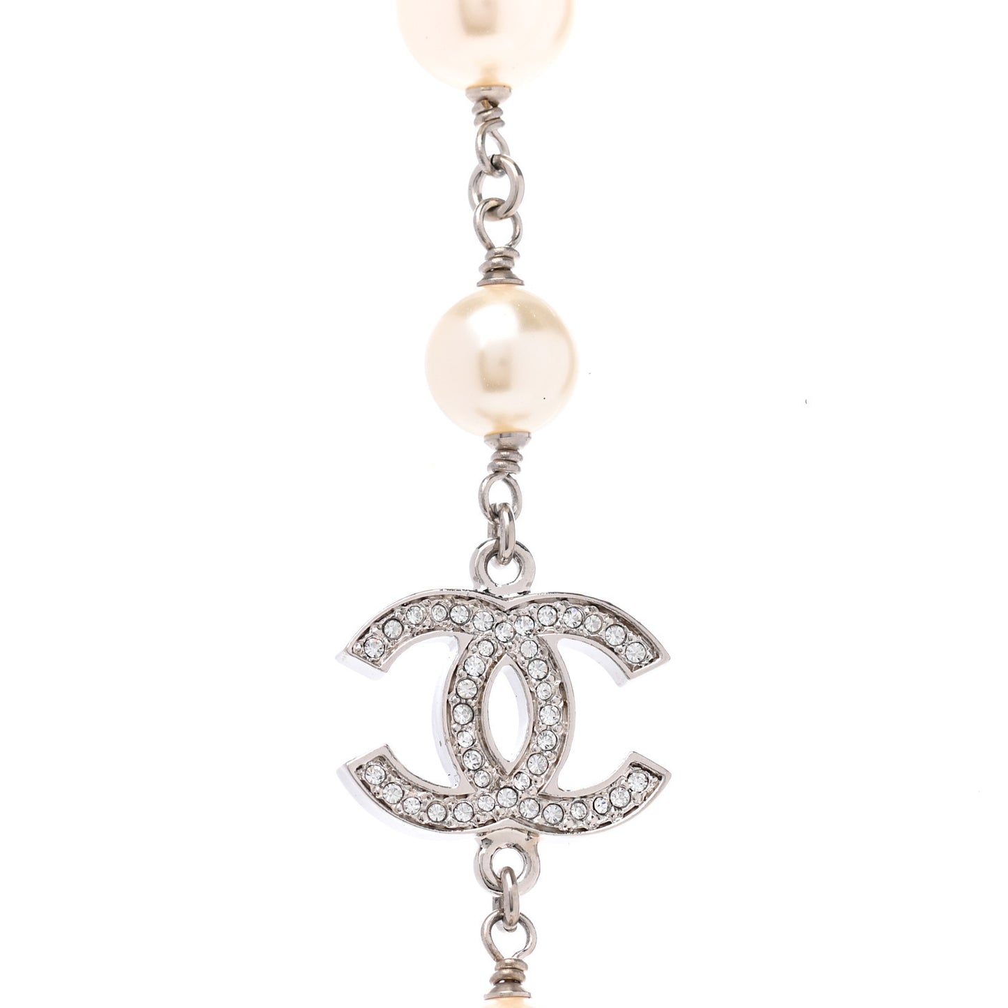 Crystal Pearl CC Long Necklace Silver