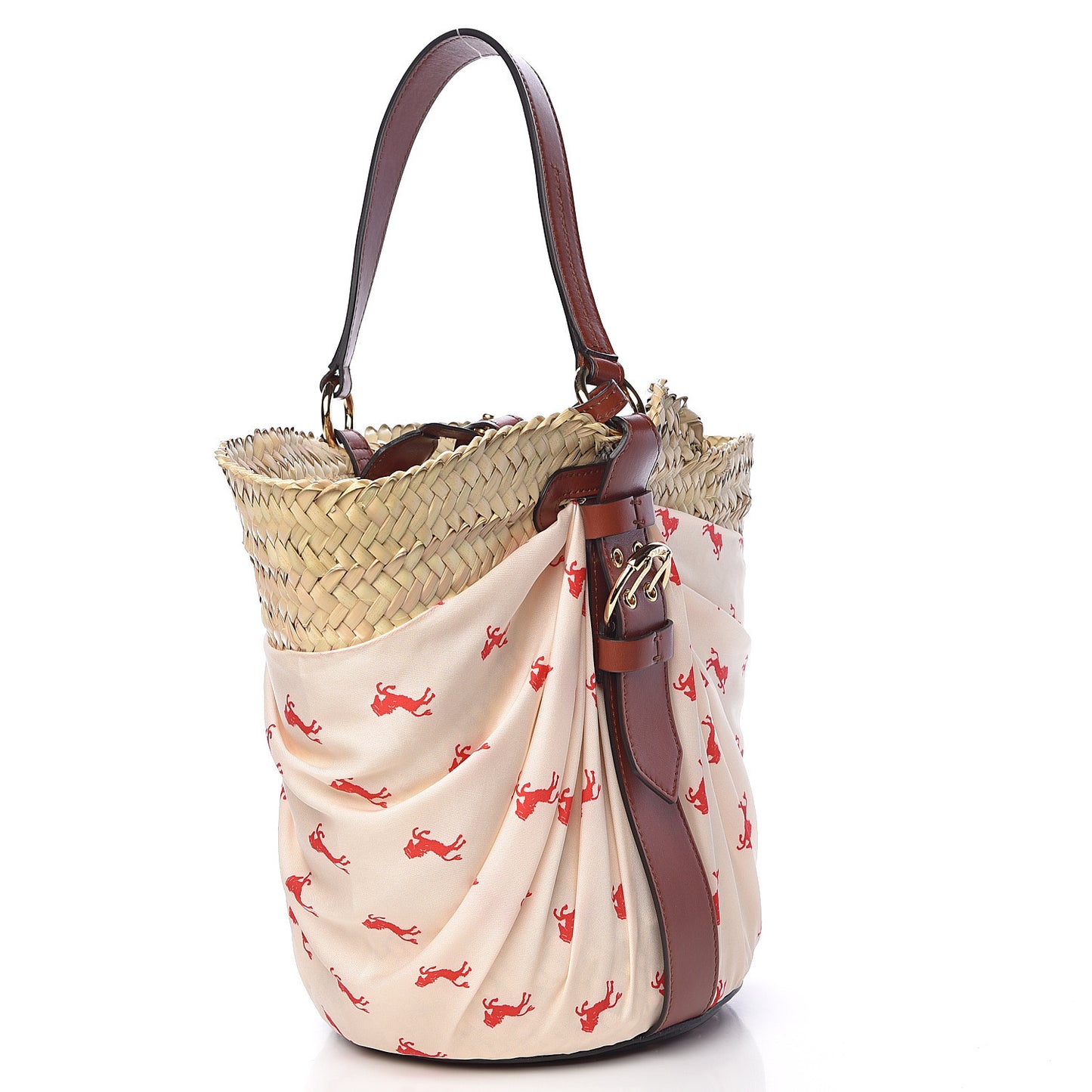 Smooth Calfskin Raffia Little Horses Medium Panier Basket White Red