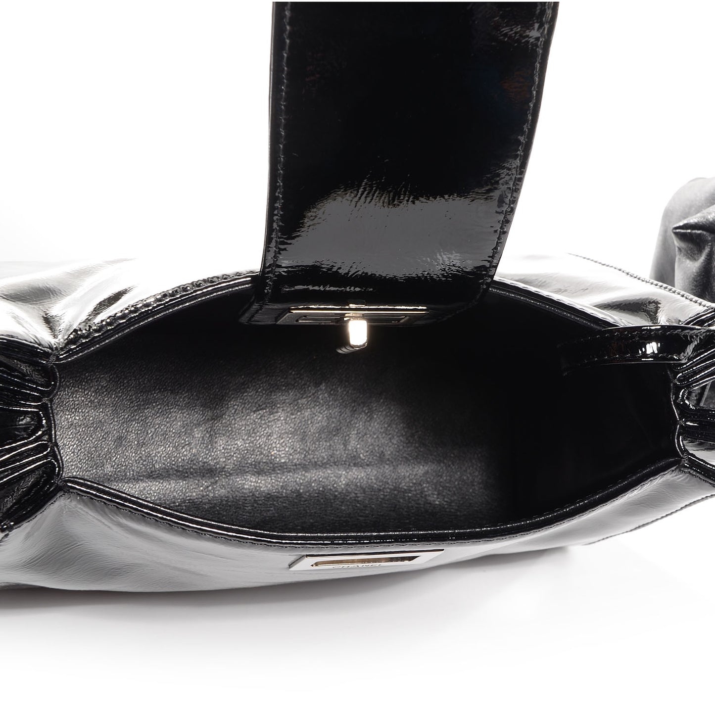 Patent Mademoiselle Lock Convertible Wrist Clutch Bag Black