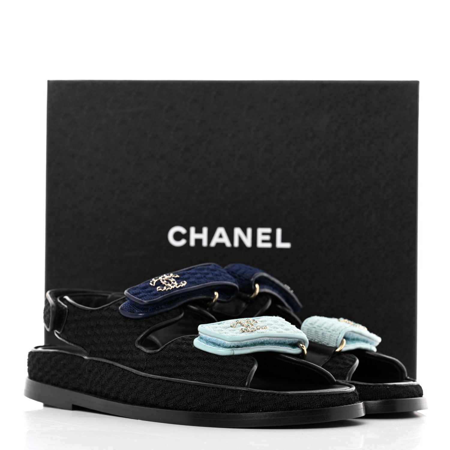 Chanel Knit Fabric Velcro Dad Sandals 38 Black Dark Blue Light Blue 9 of 9