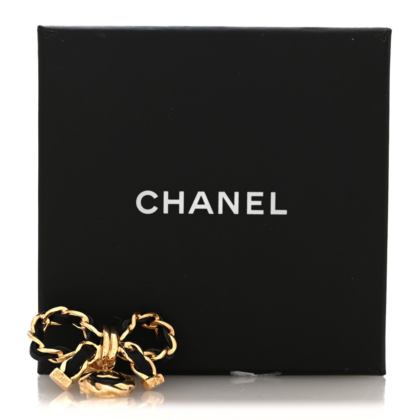 Lambskin Chain CC Bow Brooch Gold Black