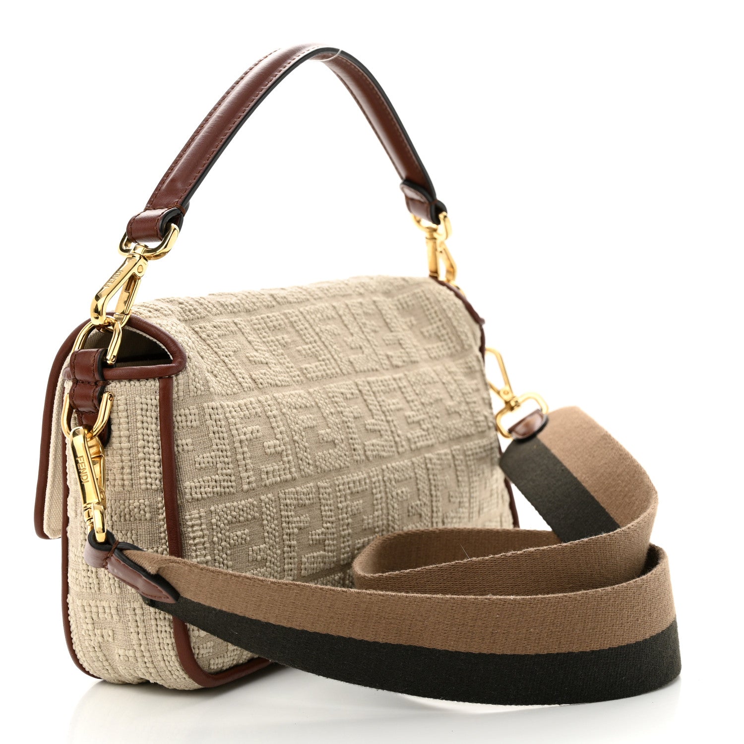 Fendi Sardinian Jacquard Vitello King FF 1974 Embroidered Baguette Corda Praline 3 of 10