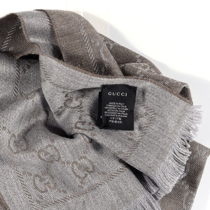 Gucci Wool Jacquard GG Monogram Sten Fringe Scarf Taupe Light Grey 4 of 4