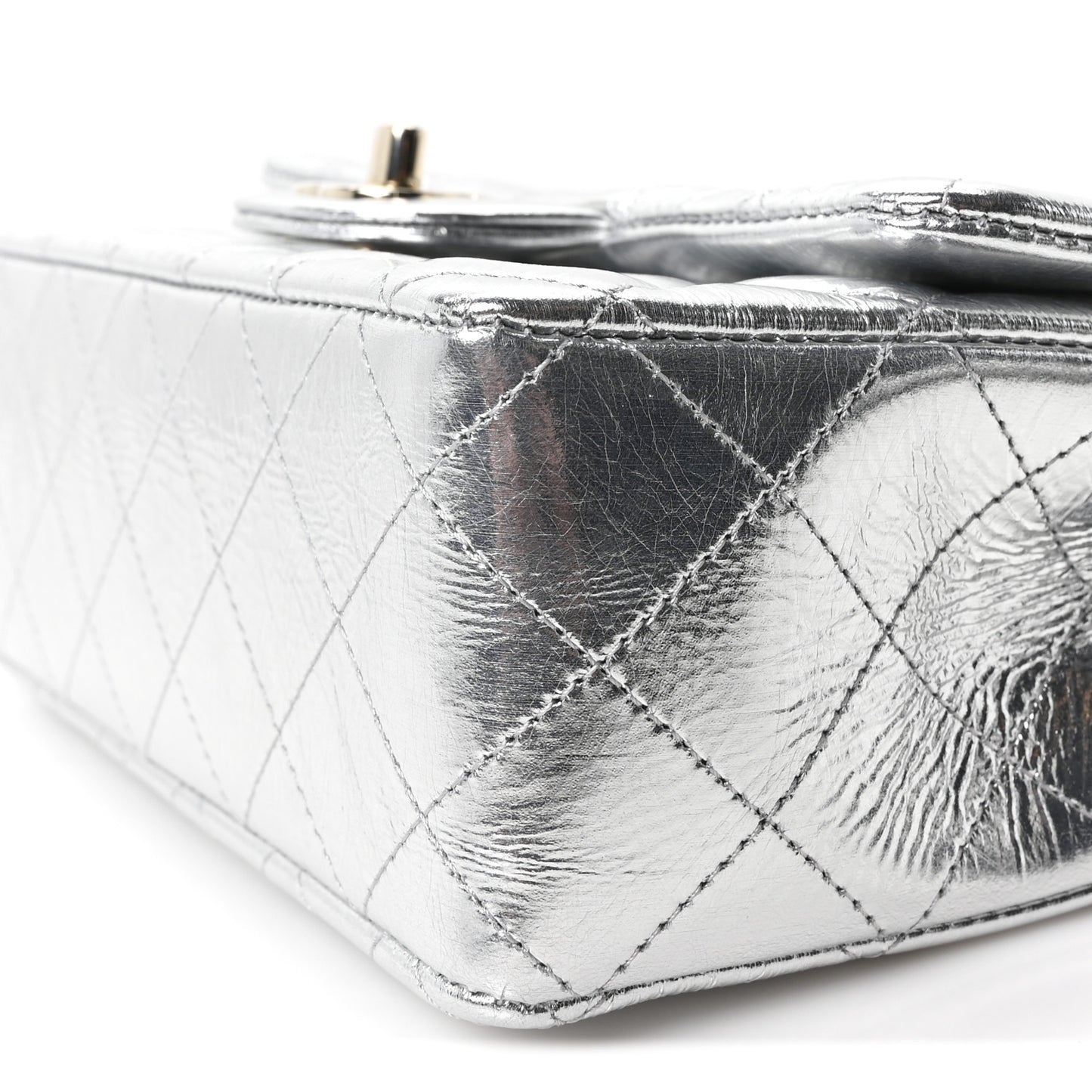 Hammered Metallic Calfskin Quilted Small Double Flap Silver