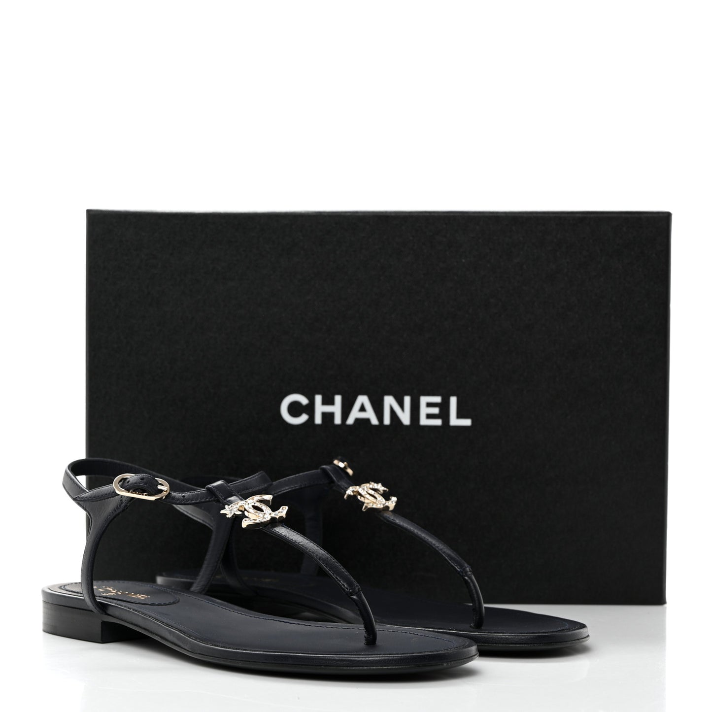 Lambskin Crystal CC Thong Sandals 37 Navy Blue