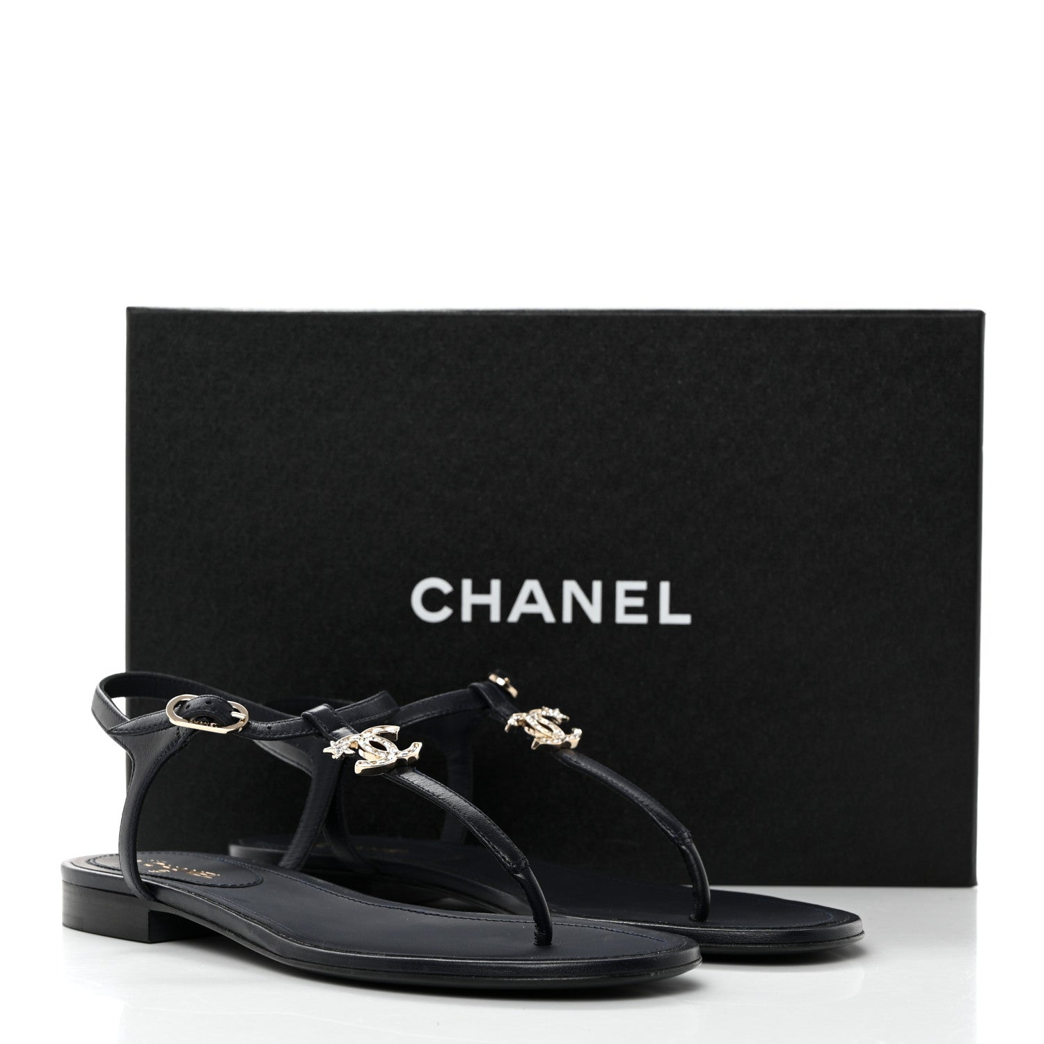 Chanel Lambskin Crystal CC Thong Sandals 37 Navy Blue 8 of 8