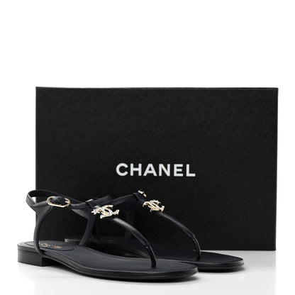 Chanel Lambskin Crystal CC Thong Sandals 37 Navy Blue 8 of 8