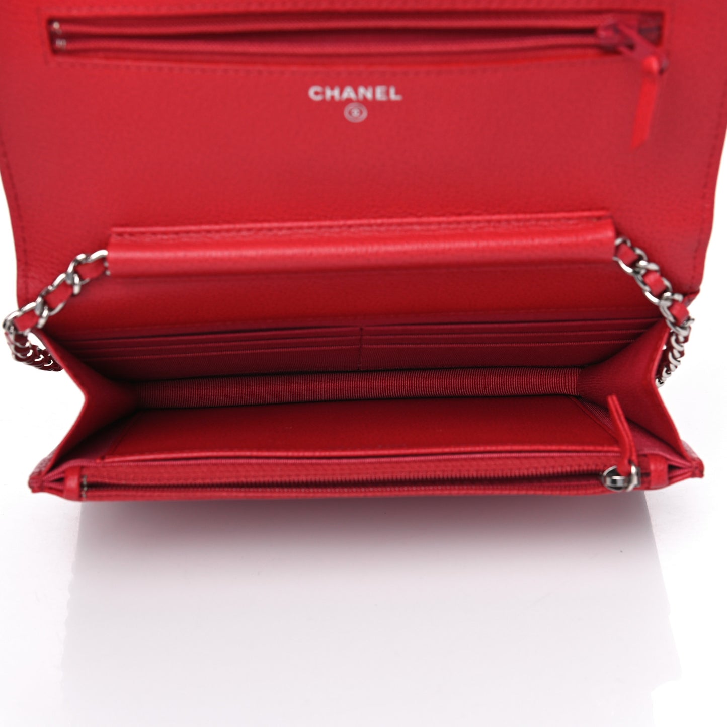 Grained Calfskin Quilted CC Box Wallet On Chain WOC Red
