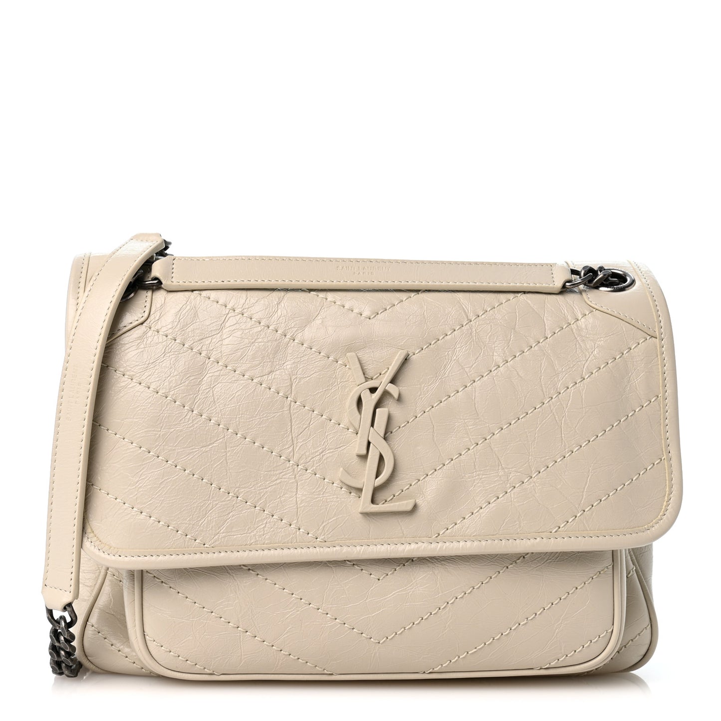 Crinkled Calfskin Matelasse Monogram Medium Niki Chain Satchel Crema Soft