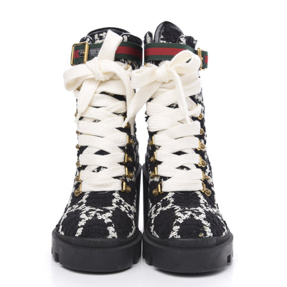 Gucci Tweed GG Monogram Lace Up Combat Ankle Boots 36.5 Black 2 of 8