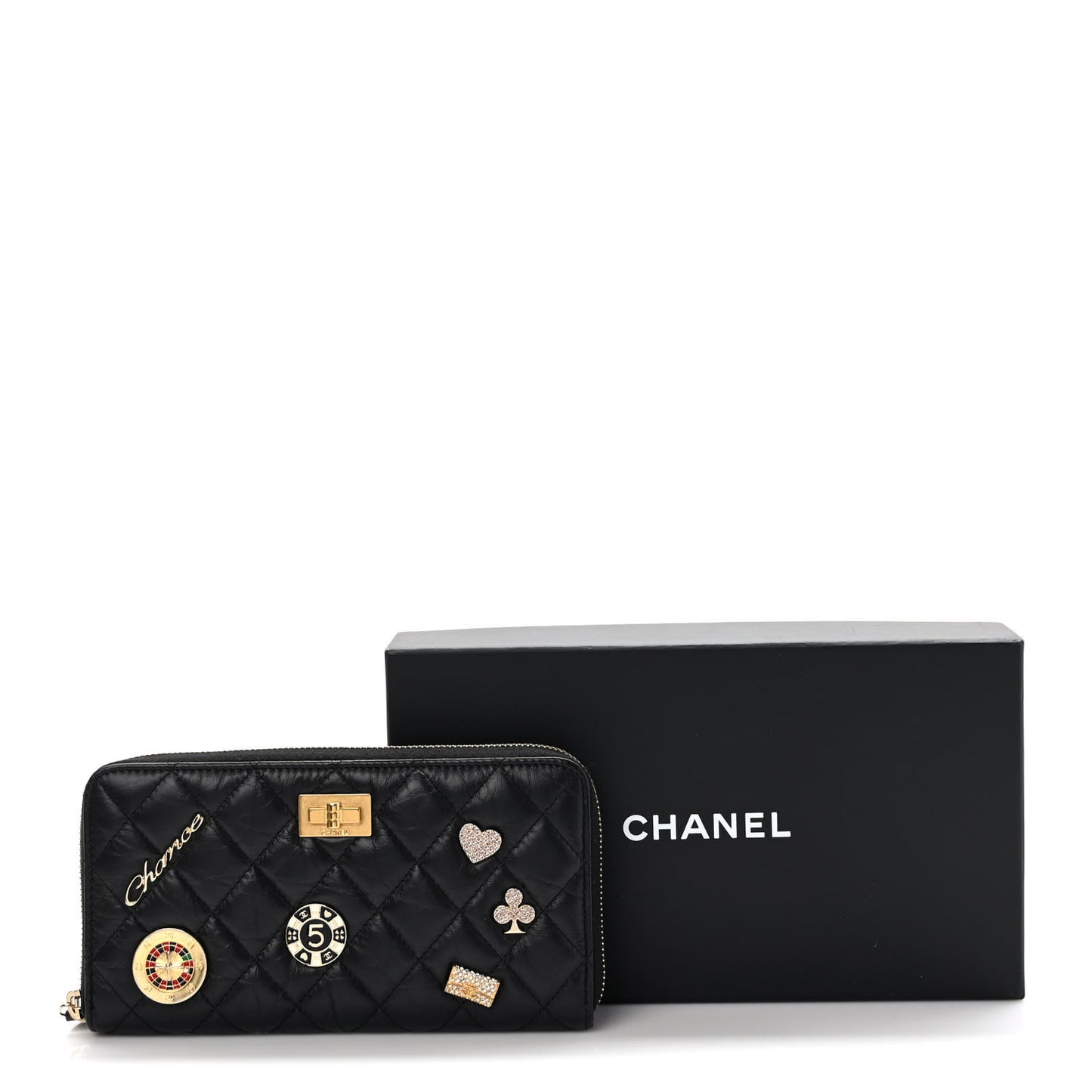 Aged Calfskin Quilted Lucky Charms 2.55 Reissue Zip Around Long Wallet Black