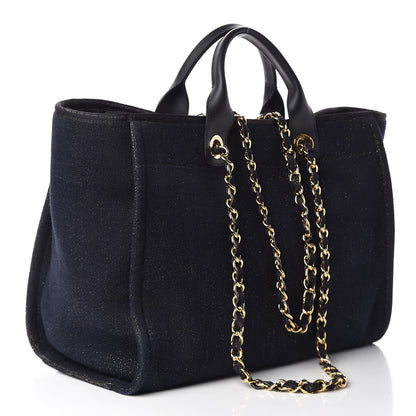 Chanel Lurex Canvas Medium Deauville Tote Navy Blue Gold 3 of 11