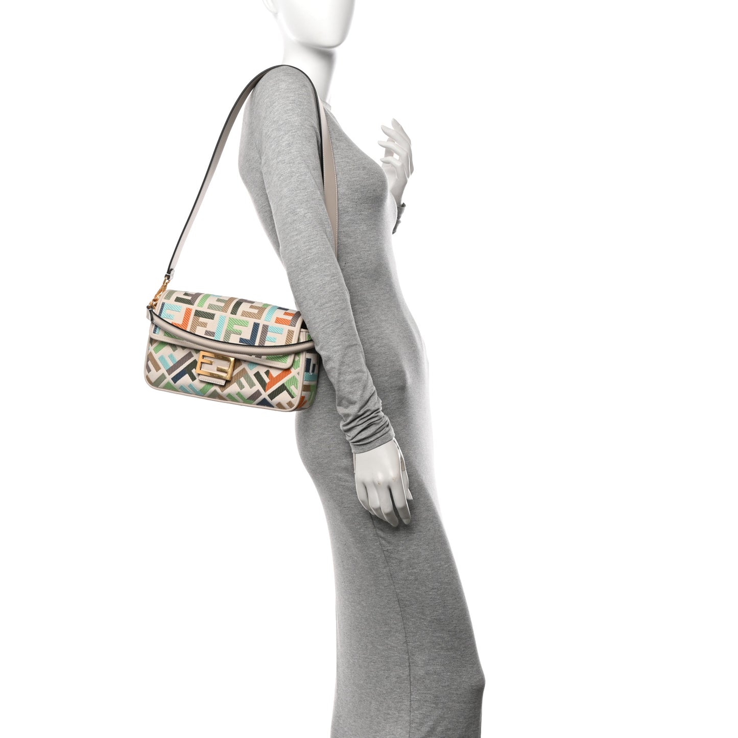 Canvas Vitello Seta FF Multicolor Embroidered Baguette Grezzo Multicolor Latte
