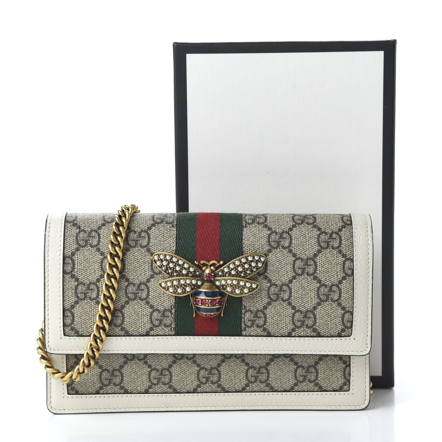 GG Supreme Monogram Web Queen Margaret Chain Wallet White