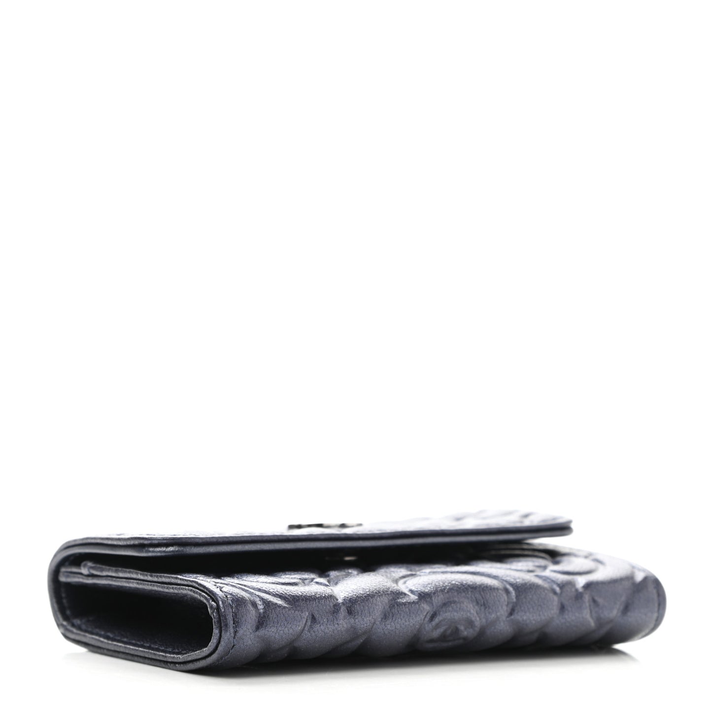 Goatskin Camellia Embossed Flap Card Holder Wallet Dark Blue