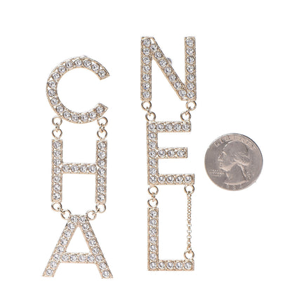 Chanel Crystal Cha-Nel Logo Drop Earrings Gold 2 of 7