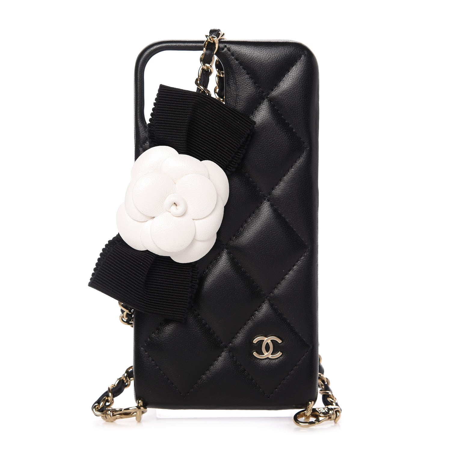 Chanel Lambskin Quilted Camellia Bow iPhone XII Pro Holder With Chain Black 1 of 10