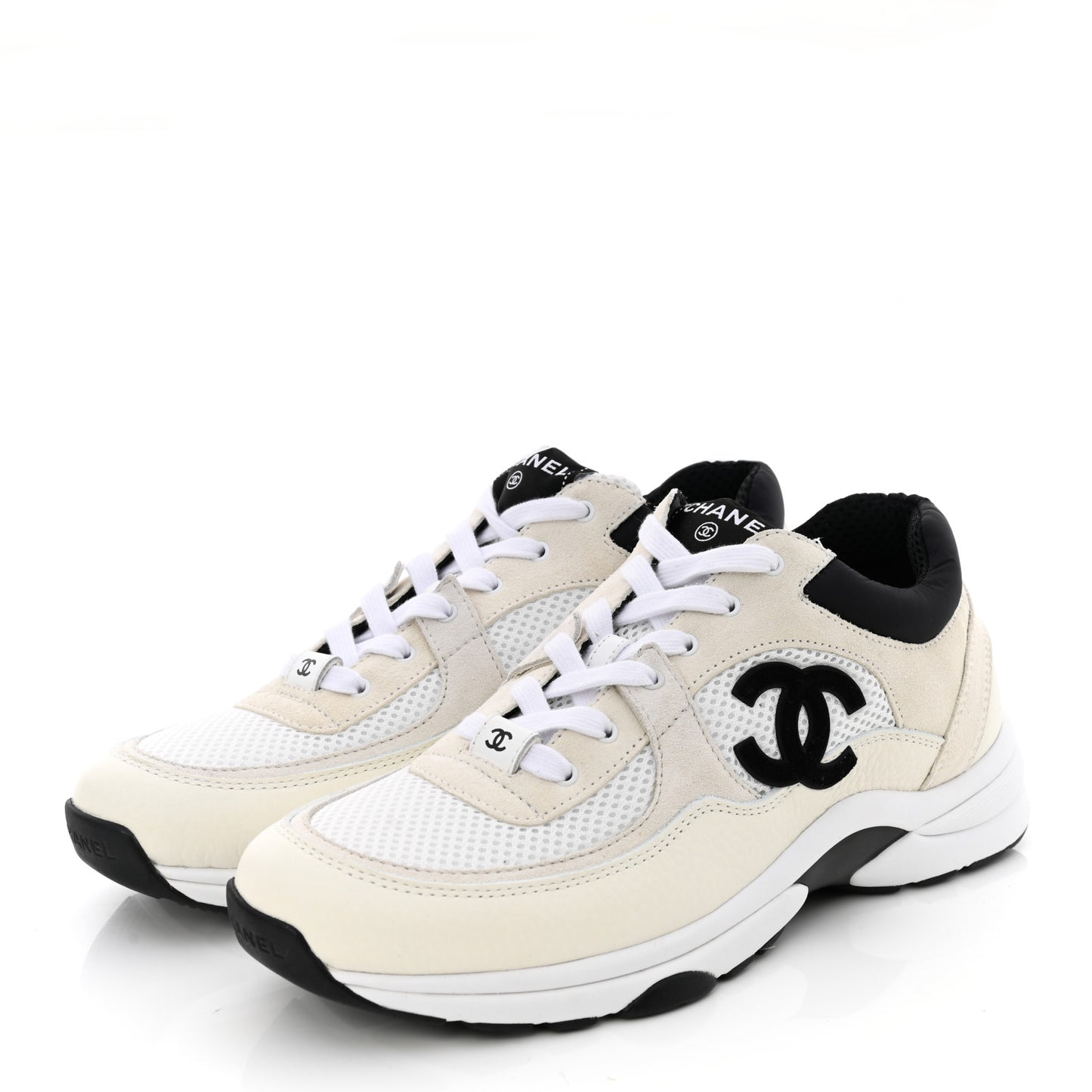 Mesh Suede Calfskin Grained Calfskin Womens CC Sneakers 40.5 White Black
