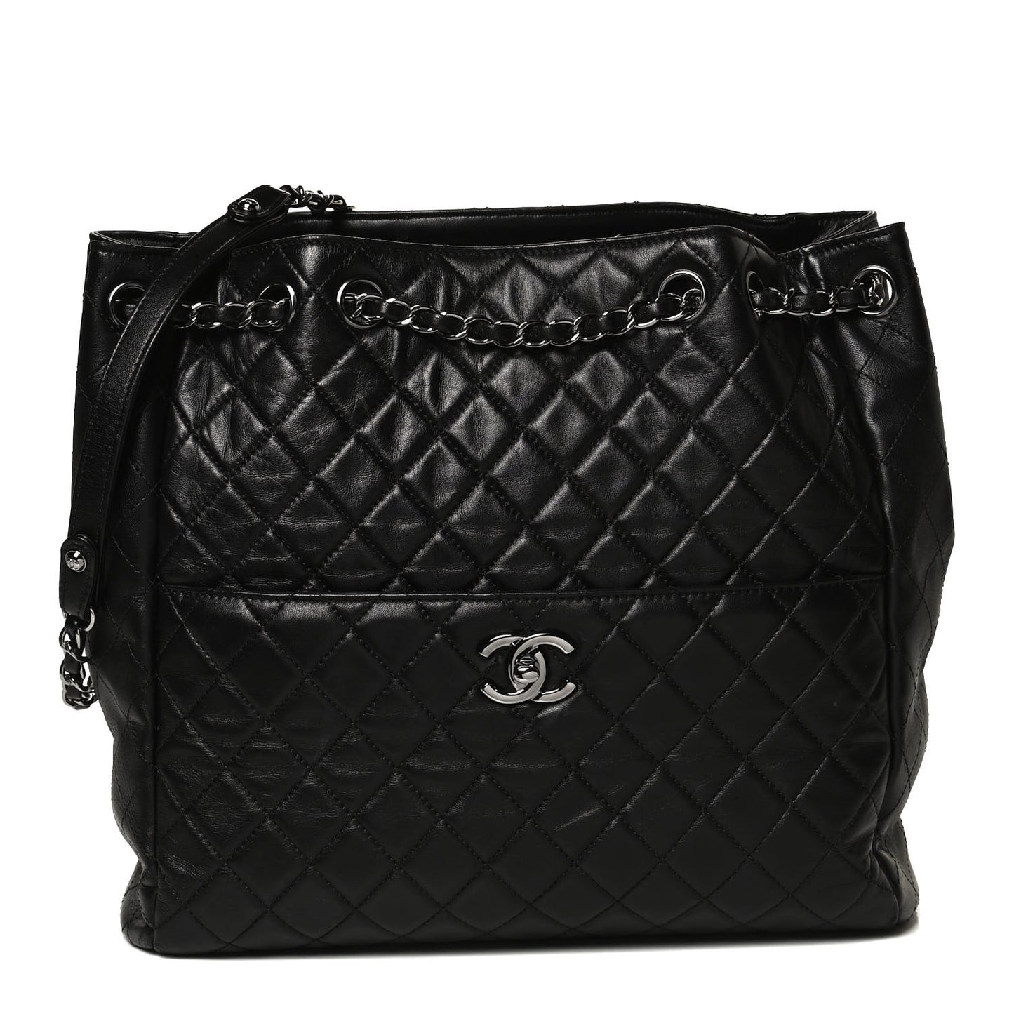 Lambskin Quilted Large Drawstring Bag Black