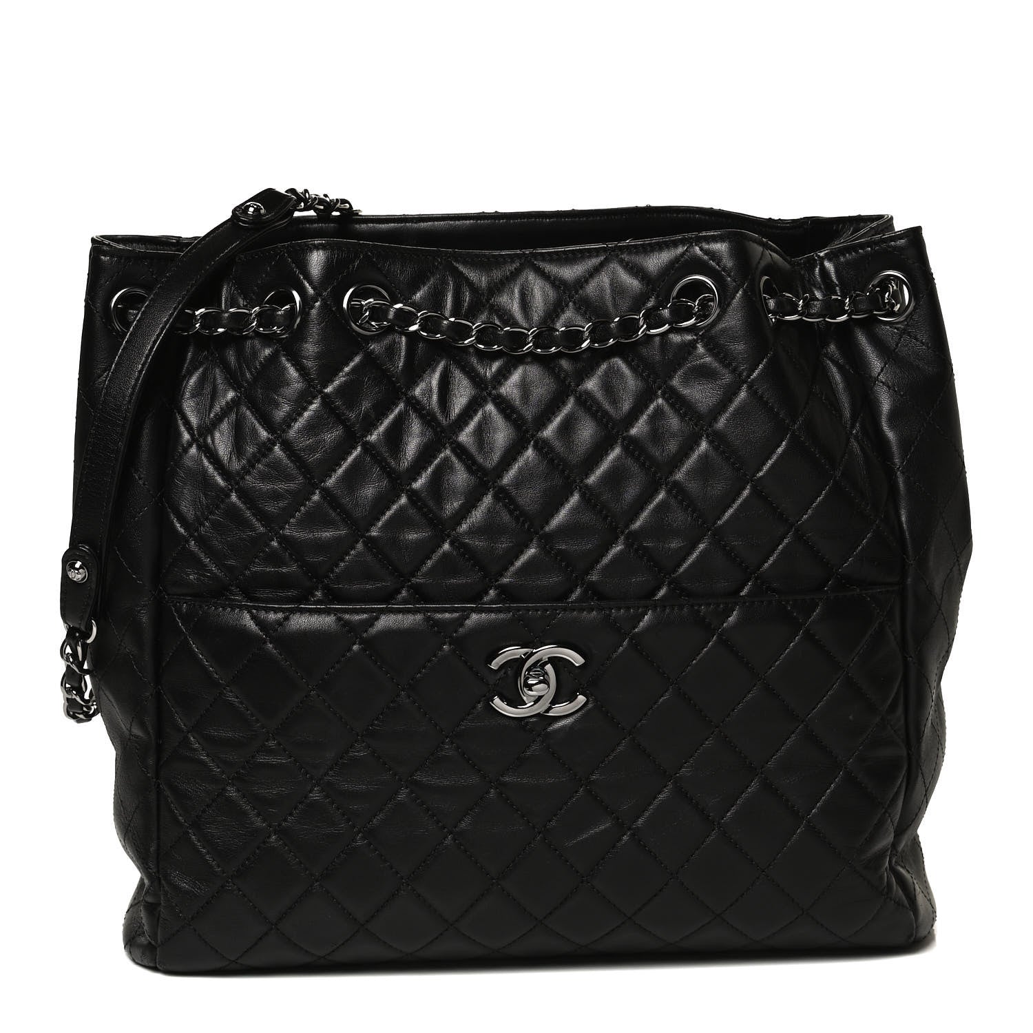 Chanel Lambskin Quilted Large Drawstring Bag Black 1 of 10