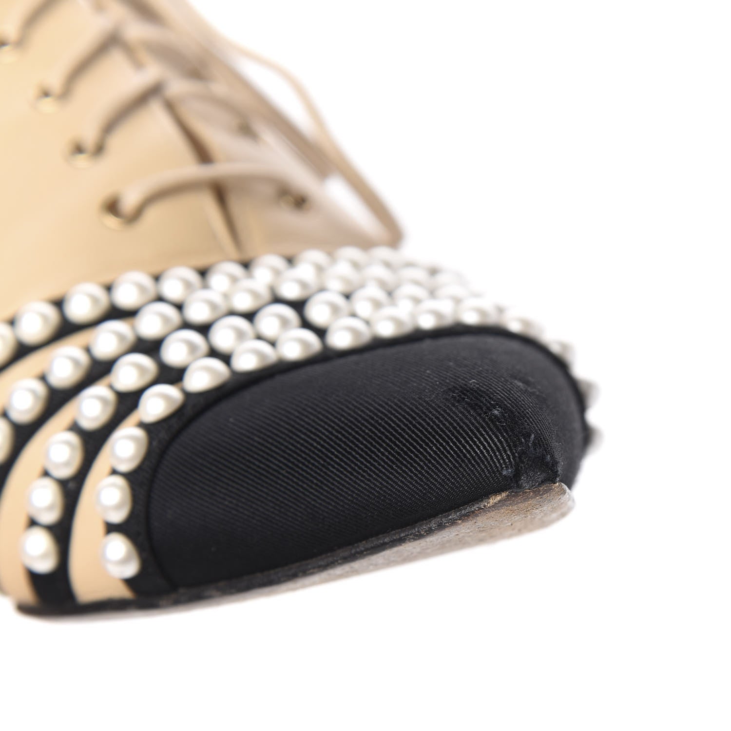 Chanel Goatskin Grosgrain Pearl Cap Toe Lace Up Oxfords 37.5 Beige Black 13 of 13