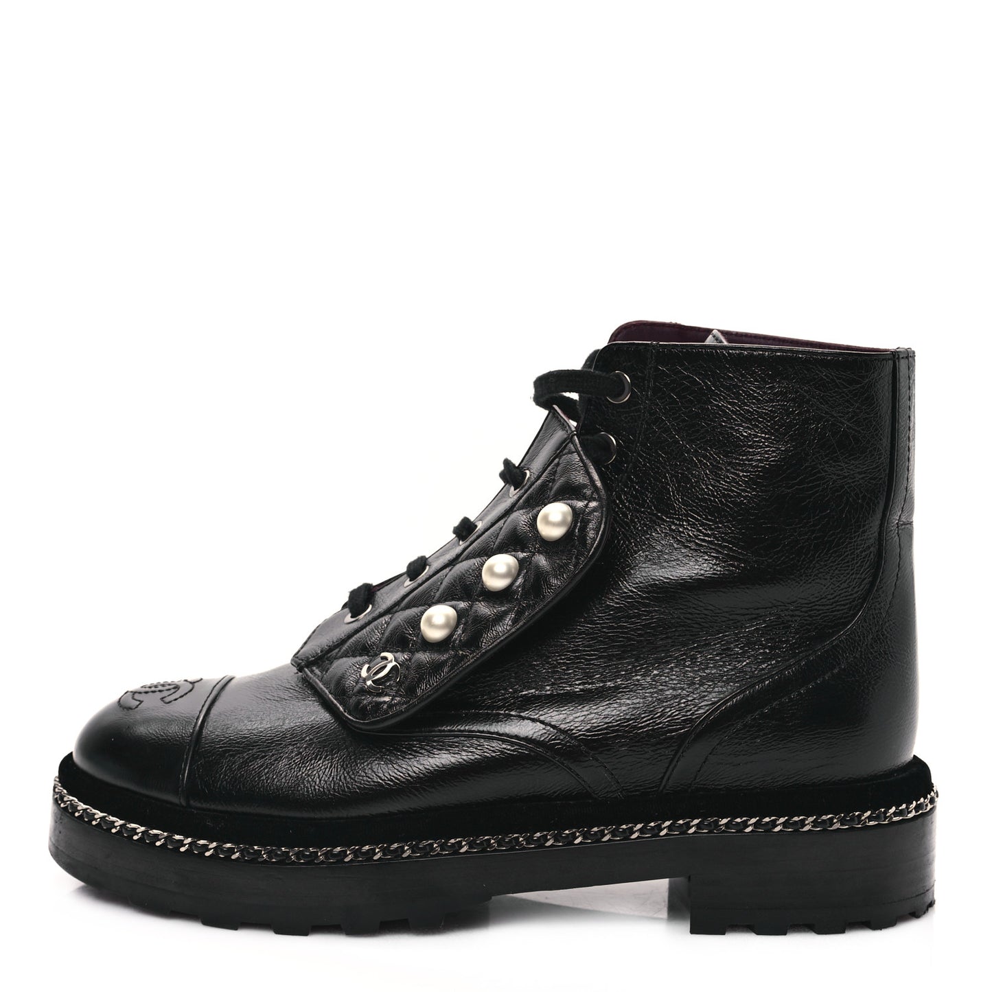 Crackled Calfskin Velvet Pearl Combat Short Boots 37 Black