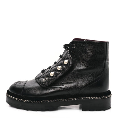 Chanel Crackled Calfskin Velvet Pearl Combat Short Boots 37 Black 1 of 9