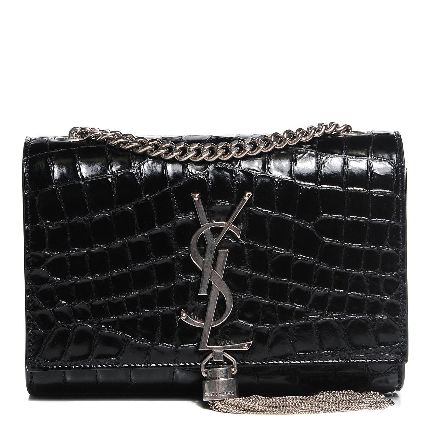 Calfskin Crocodile Embossed Small Classic Monogram Kate Tassel Satchel Black