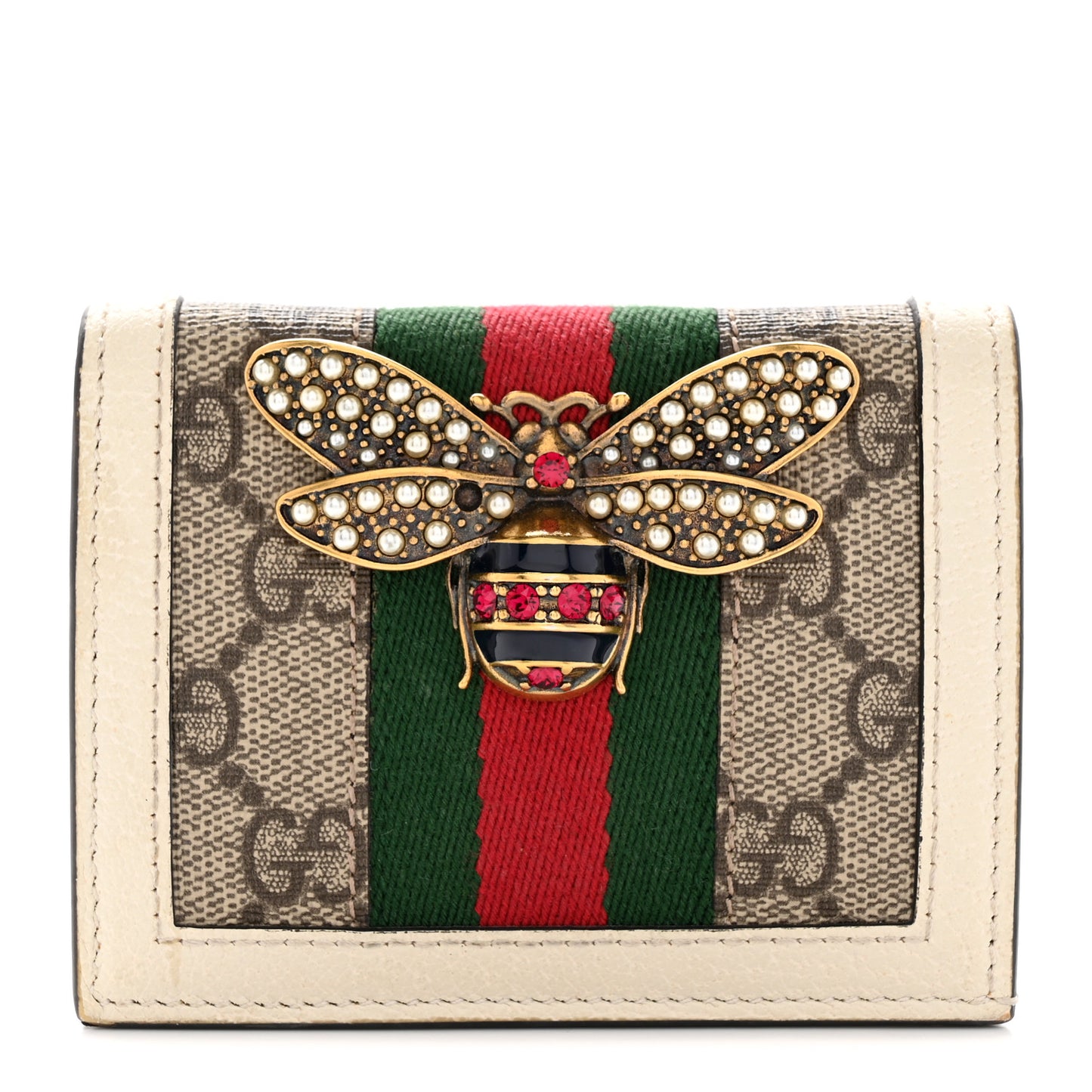 GG Supreme Monogram Web Queen Margaret Card Case Wallet Beige Mystic White