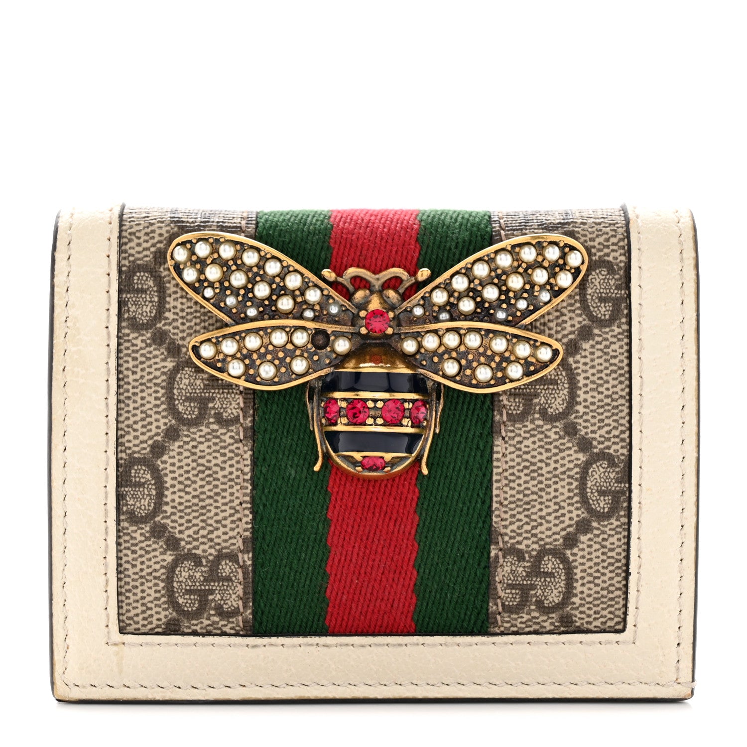 Gucci GG Supreme Monogram Web Queen Margaret Card Case Wallet Beige Mystic White 1 of 16