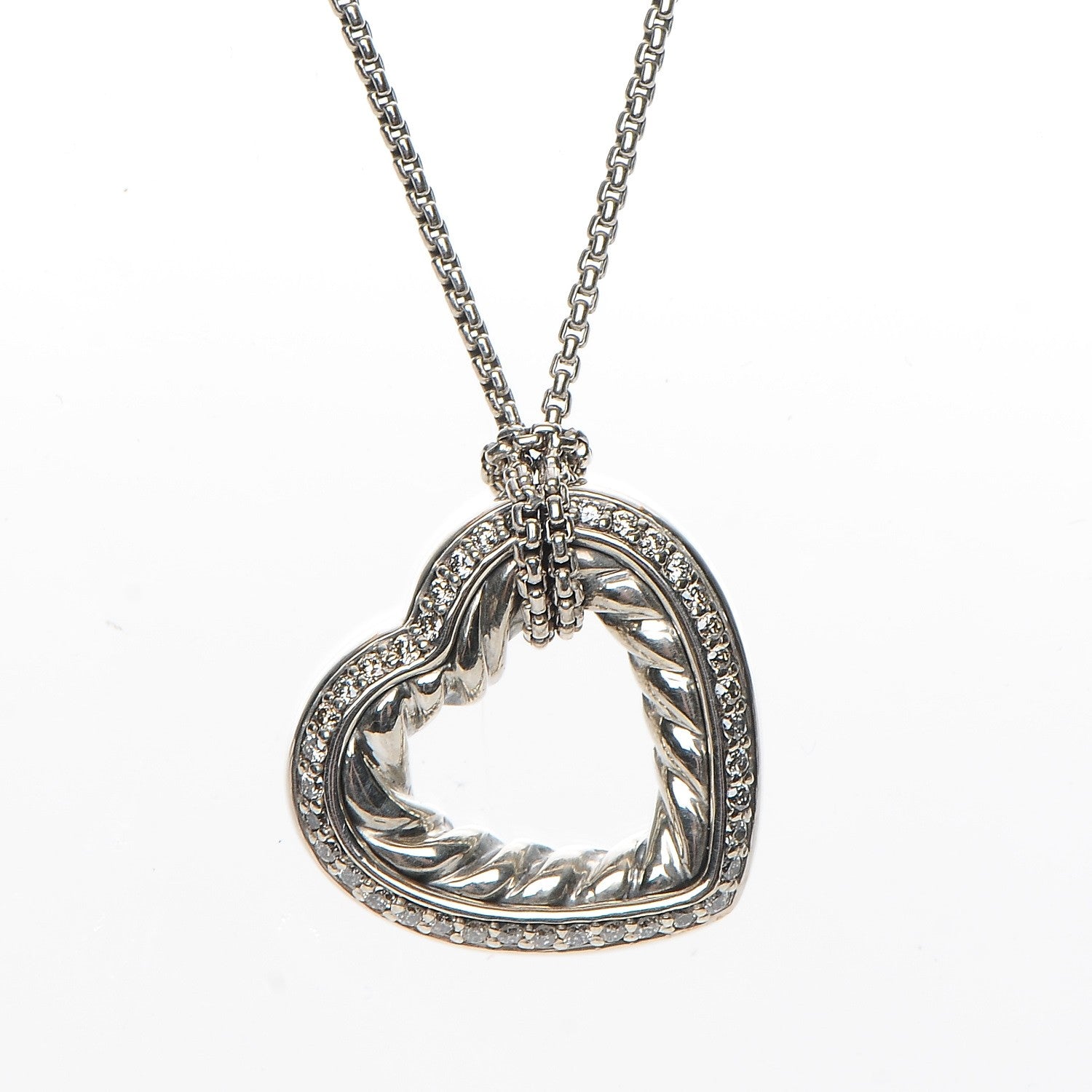 David Yurman Sterling Silver Diamond Open Heart Cable Necklace 4 of 5